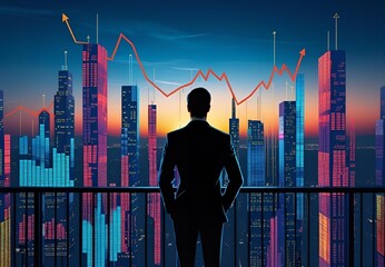 Silhouette of investor overlooking digital city built from charts and economic indicators