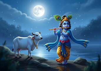 Naklejka premium Krishna playing flute with cow under moonlight Hindu god