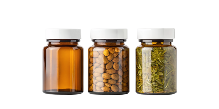 Jars with herbal extracts isolated on transparent background  
