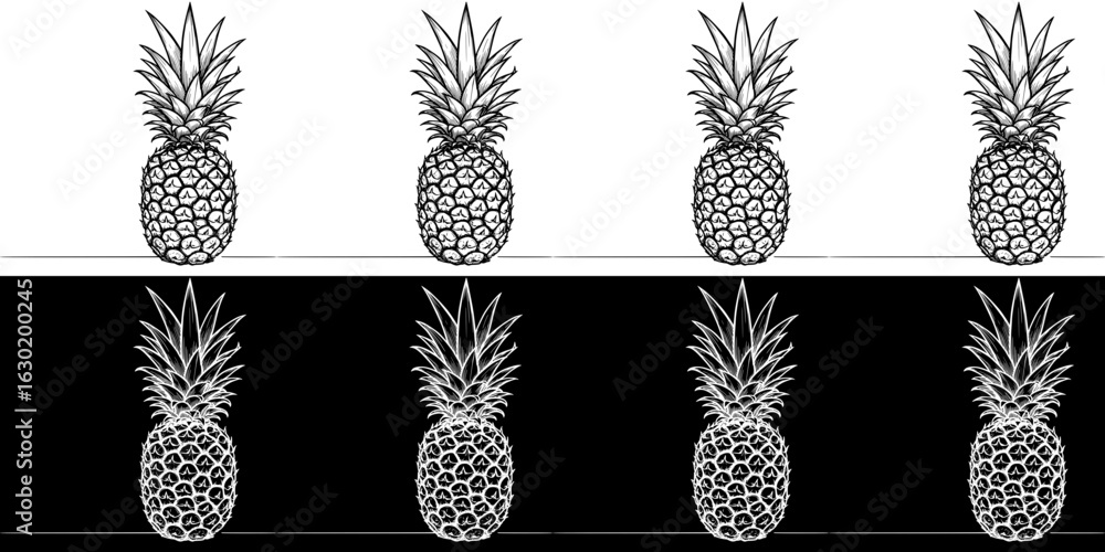 Poster isolated vector image of pineapple, two design variants on transparent and black background, pencil 