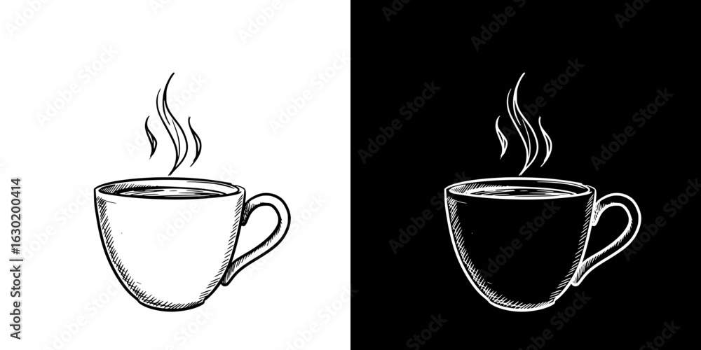 Poster isolated vector image of a coffee cup, two design variants on transparent and black background, penc