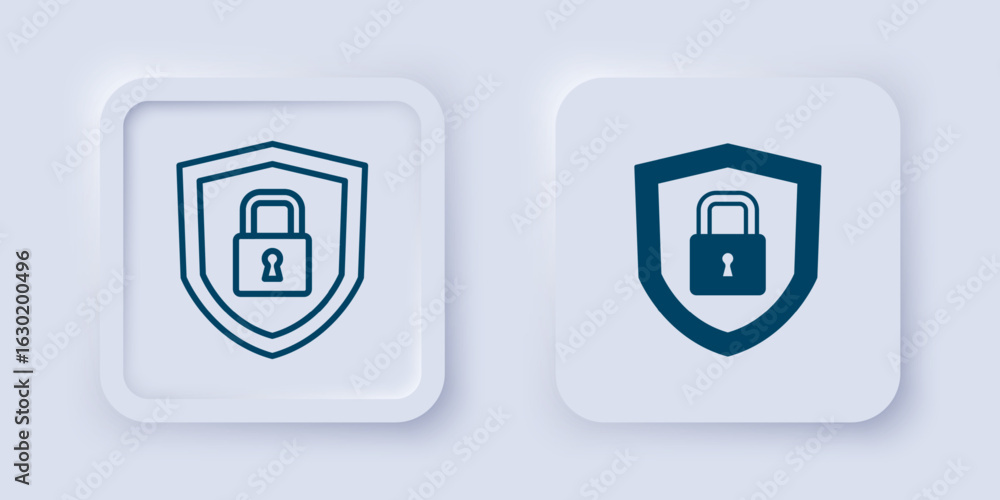 Poster filled and outline shield security with lock icon isolated on grey background. protection, safety, p