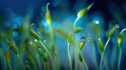 Fototapeta premium Close-up view of vibrant green seedlings sprouting in soil under soft warm light with a blurred background for fresh growth and early plant development