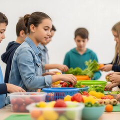 
Kids cooking healthy salad in kitchen, cooking class.