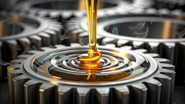 Golden oil flows smoothly over interlocking metal gears, enhancing precision and efficiency industrial machinery with superior lubrication. Q4 Rebound