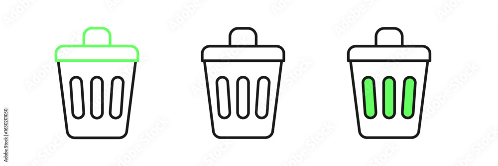 Poster set line trash can icon isolated on white background. garbage bin sign. recycle basket icon. office 
