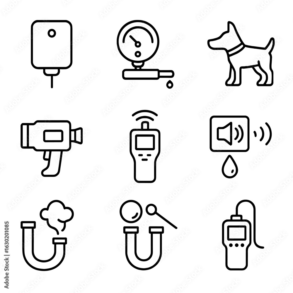 Poster leak detection icons. outline icon set of leak detection tools: sensor, pressure gauge, detector dog