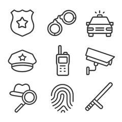 Law Enforcement Icons. Outline icon set of law enforcement: police badge, handcuffs, patrol car, police hat, walkie-talkie,