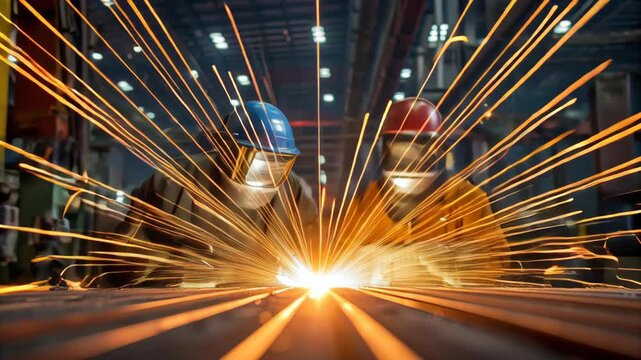 Welding Sparks Illuminate Factory as Workers in Helmets Ensure Safety in Industrial Metalwork Scene with Precision