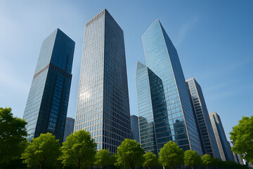 Impressive low-angle view of modern glass skyscrapers reaching into a clear blue sky, set above lush green trees in a thriving city business district.