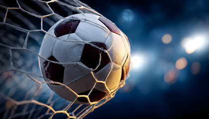 Victory is sweet a soccer ball scores in the net with stunning bokeh, capturing the essence of teamwork, skill, and the thrill of competition