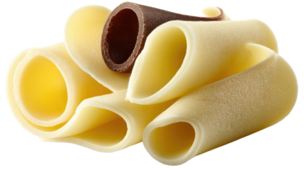 Colorful chocolate and vanilla dessert rolls displayed artistically on a white background showcasing their creamy texture and deliciousness