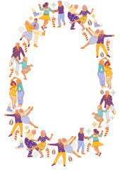 Dancing men and women illustration. Merry happy people. Christmas round festive frame. Design template greeting card, party invitation.
