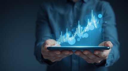 Modern business professional holding a digital tablet with glowing financial data charts and graphs overlaid, representing stock market analysis and trading insights