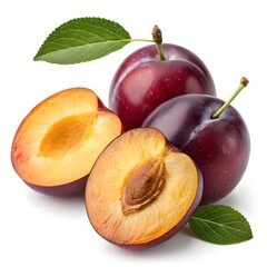 Laroda Plum Striking Dark Purple Plum with Silky Skin and Lively Juiciness on Crisp White Background, Highlighting Freshness and Modern Elegance for Standout Stock Photography