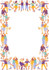 Dancing happy people. Family holiday, festival disco party. Christmas retro vintage style rectangular frame design for greeting card