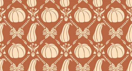 Seamless vector pattern with pumpkins and autumn botanical elements in vintage style
