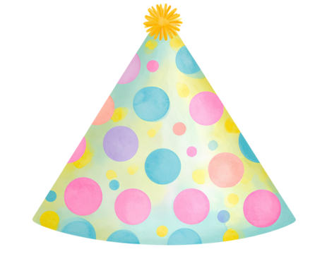 White background, birthday hat with colorful polka dots, isolated on transparent background.