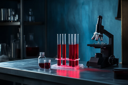 Microscope and red liquid in test tubes on a table in a laboratory, blood research concept background.