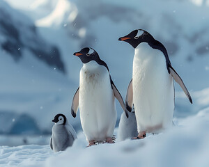 Obraz premium A penguin waddles with charm across icy lands, its black and white coat sleek against the snow. Graceful in water, loyal in groups, it thrives in the cold with heartwarming spirit.