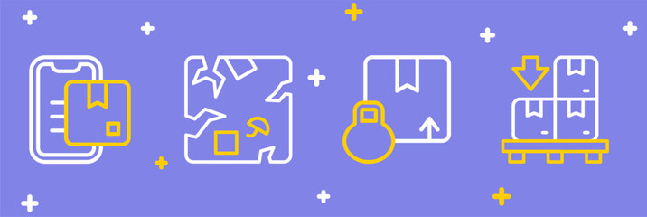 Set line Cardboard boxes on pallet, Carton cardboard, Broken and Document tracking marker icon. Vector