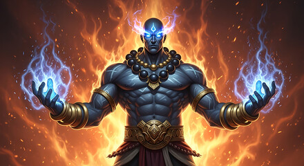 Fototapeta premium Mystic Guardian Unleashing Energy Amidst Fiery Inferno A Majestic Fusion of Power and Mysticism