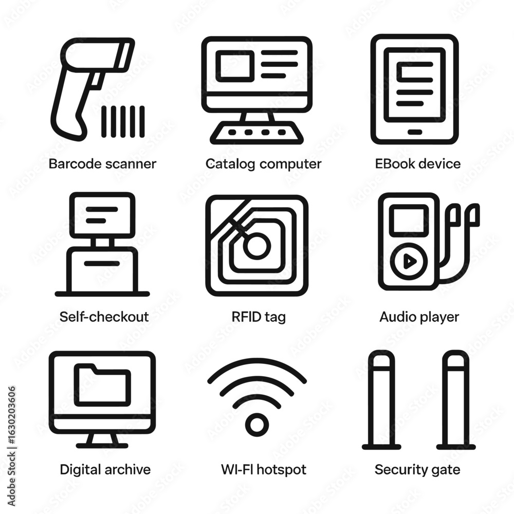 Poster library tech icons. outline icon set of library technology: barcode scanner, catalog computer, ebook