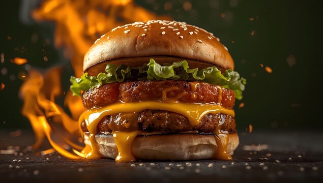 Delicious Vegetarian Cheeseburger with Fresh Veggies and Melted Cheese on Wooden Table - Powered by Adobe