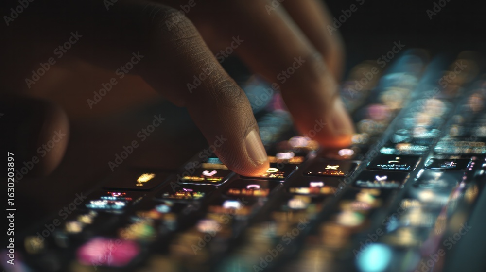 Poster tech tapestry: a close-up, artistic shot of a hand skillfully navigating the illuminated keyboard, t