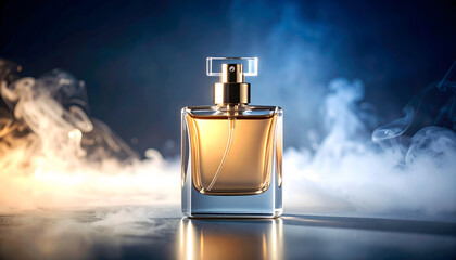 Perfume advertisement, scent and minimalism: Elegant perfume bottle radiating luxury and sophistication with its golden essence, partly obscured by ethereal mist, creates an air of mystery