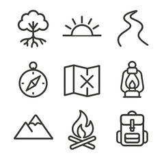 Life Promises Icons. Outline icon set of life promises: tree with roots, sunrise, road path, compass, map, lantern, mountain peak,