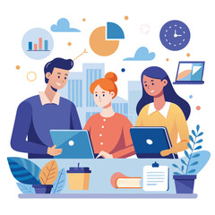 Cartoon vector illustration of business people communicating on a social network with laptops at their desks