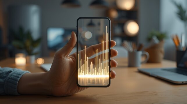 A person holding a smartphone displaying a glowing financial or sound wave graph in a modern workspace with a laptop coffee mug and indoor plants in the background