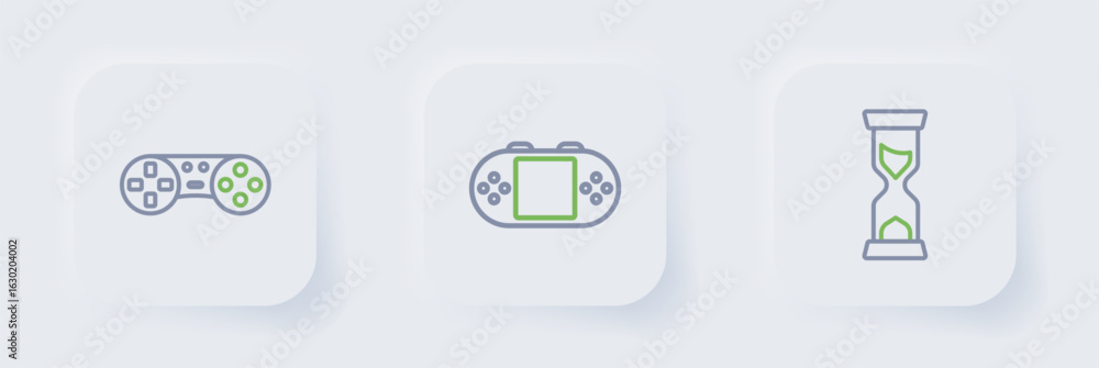 Poster set line old hourglass, portable video game console and game controller joystick icon. vector