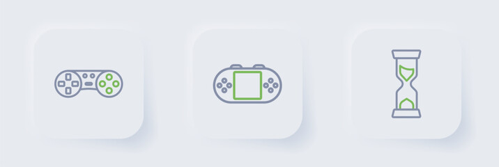 Set line Old hourglass, Portable video game console and Game controller joystick icon. Vector