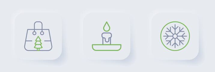 Set line Snowflake, Burning candle and Christmas shopping bag icon. Vector