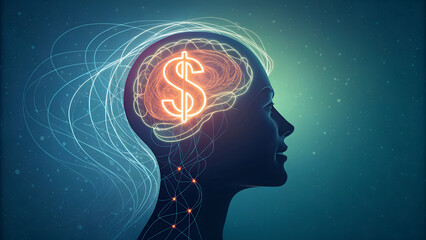 Silhouette of a head with a brain containing a glowing dollar sign and neural connections