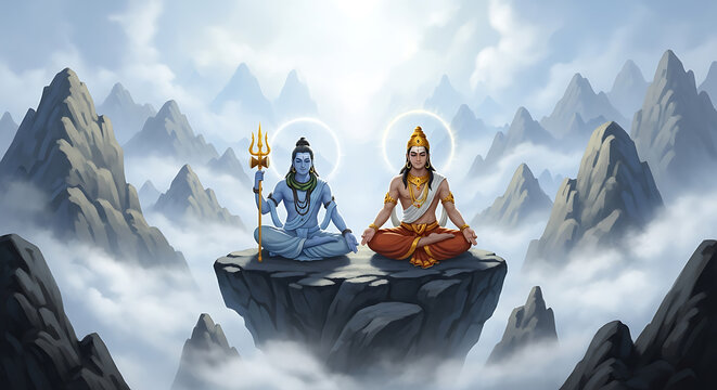 Lord Shiva and another god meditating peacefully amidst mountain peaks and serene clouds