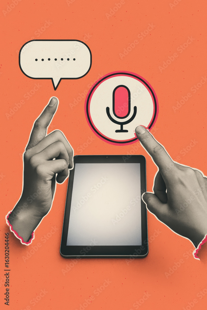 Poster speech and microphone icons enhance communication technology bringing voice interaction and message 