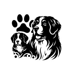 Bernese Mountain Dog Portrait with Paw Print.