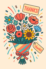 Playful floral bouquet illustration with “Thanks!” message in a cheerful pop-art style — perfect for greeting cards, thank you notes, and cheerful spring or celebration-themed designs