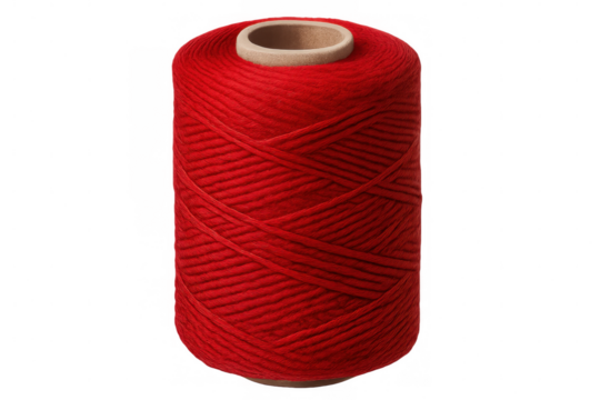 Red yarn neatly wrapped around a cardboard tube, isolated on a transparent background, ready for crafting or textile projects