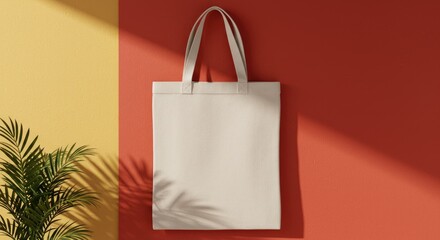 Blank tote bag on a color wall