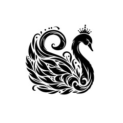 Elegant Black Swan with Ornate Crown and Swirls.