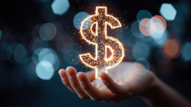 Bright glowing dollar sign symbol floating above a hand with blurry city lights background representing finance wealth investment and monetary success