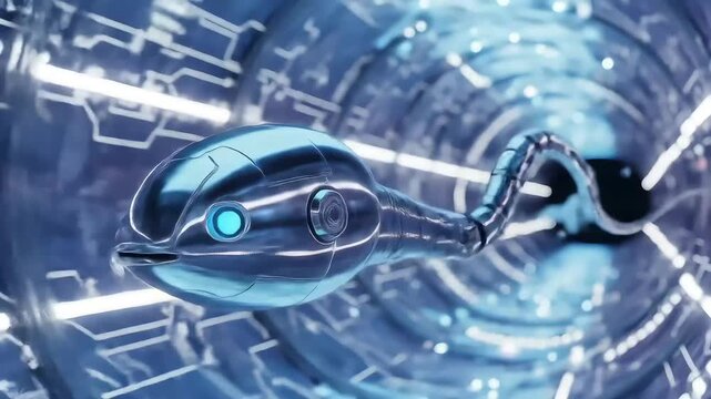 Dynamic Futuristic Robotic Sperm Cell Nanobot Navigating Vibrant Blue Digital Circuit Pathway.