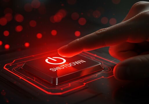 Closeup of a finger pressing a glowing red power button with the word shutdown illuminated