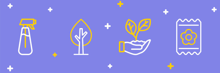 Set line Pack full of seeds, Leaf in hand, Tree and Garden sprayer for water icon. Vector