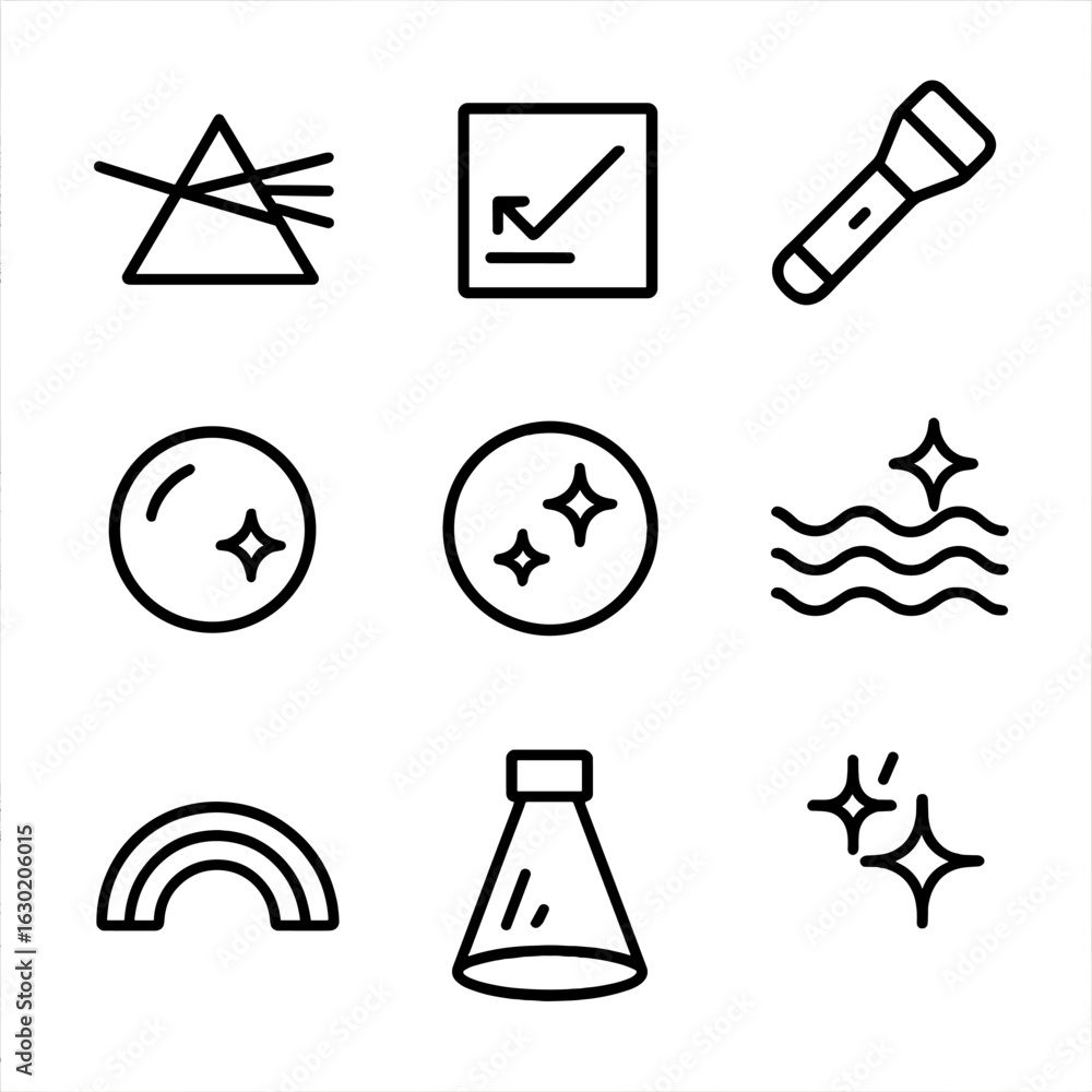 Poster light and reflection icons. outline icon set of light and reflection: prism, reflective surface, fla