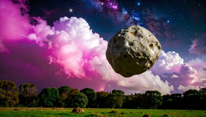 Floating asteroid over a field at night
